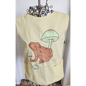 Small Yellow Embroidered Frog,‎ Mushrooms,  Apron,Grandwear, Pockets, Button Up